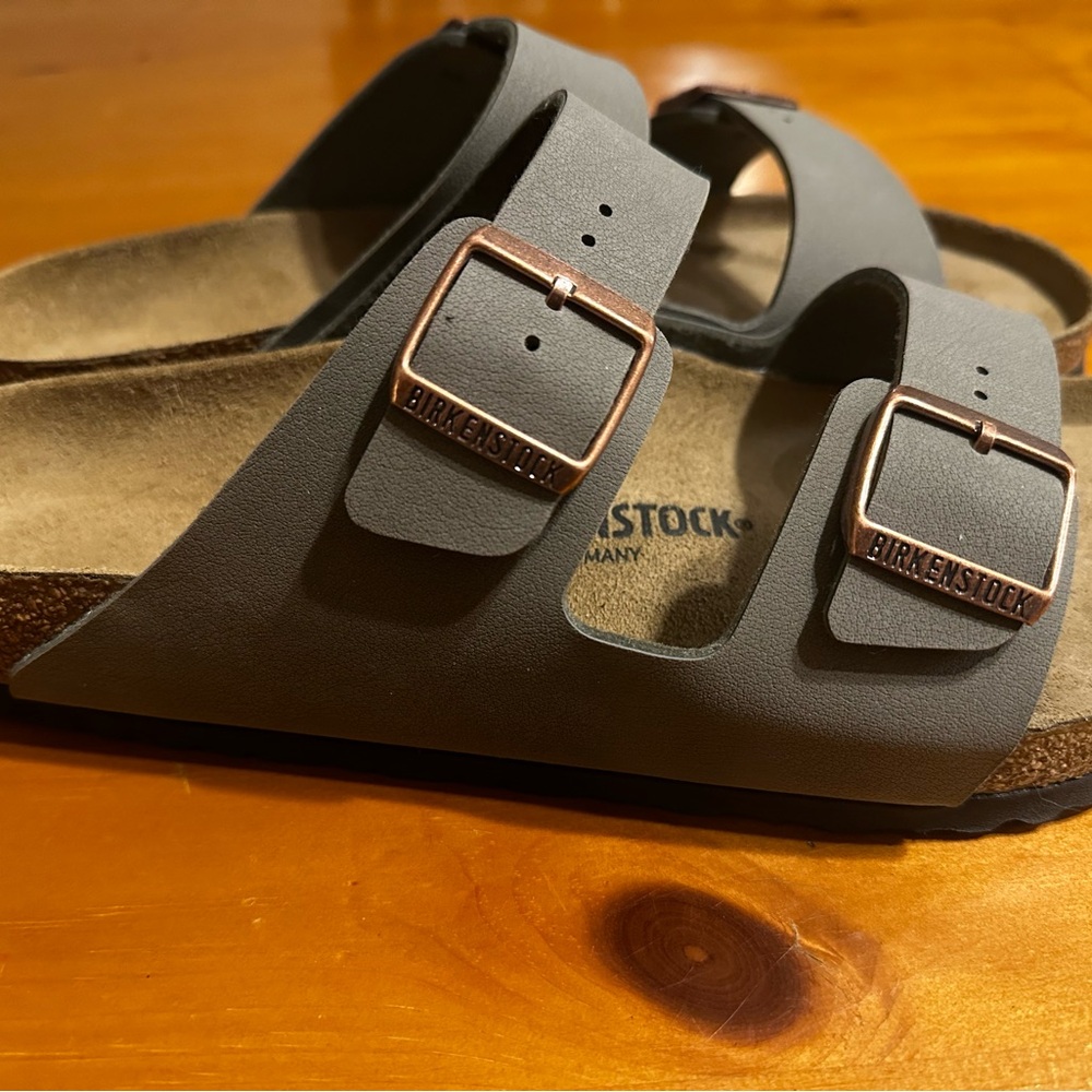 Birkenstock Charcoal Sandals with Copper Buckles stone color